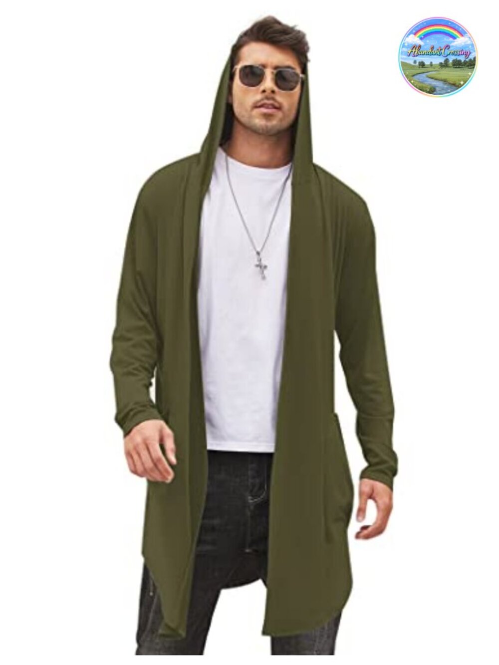 Men's Long Hooded Cardigan Shawl Collar Lightweight Cape Cloak Sweater
